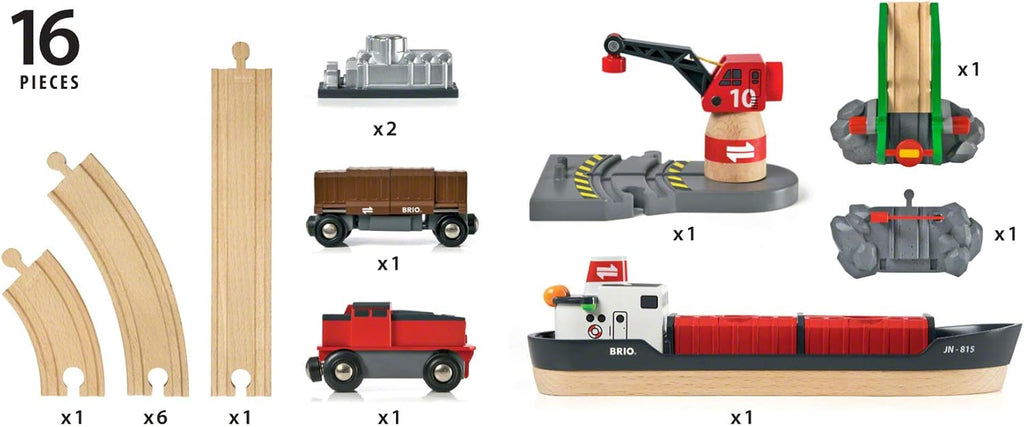 All aboard the BRIO World Train Set Cargo Harbour Set! This 16-piece wooden set includes tracks, a red locomotive, brown cargo car, crane, containers, a dock, and a large cargo ship for endless imaginative play.