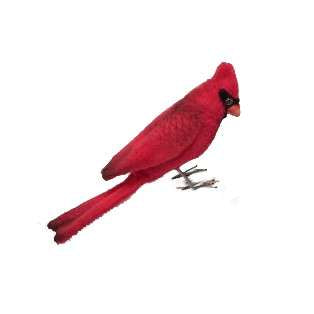 The Cardinal Red Bird features a bright red body, crest on its head, black facial markings, and a long tail—crafted in lifelike detail in the signature style of HANSA animals against a plain white background.