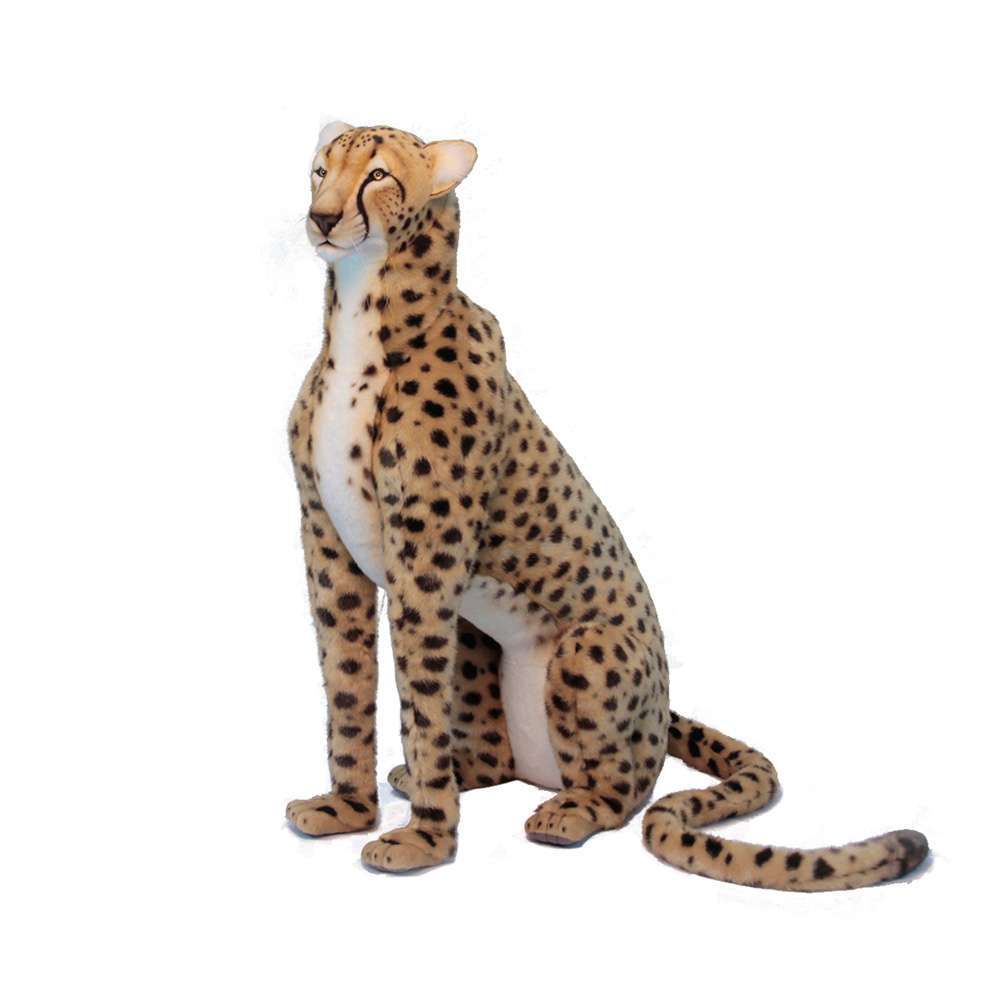 The Life-Size Cheetah Stuffed Animal, 44", features a hand-sewn spotted yellow and black coat, sits upright with its tail curled to the side, and is shown on a white background. Final Sale.