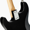 Close-up of the neck joint on a black Fender X Loog Stratocaster Electric Guitar, highlighting the branded silver neck plate with screws and the natural wood finish of the neck.