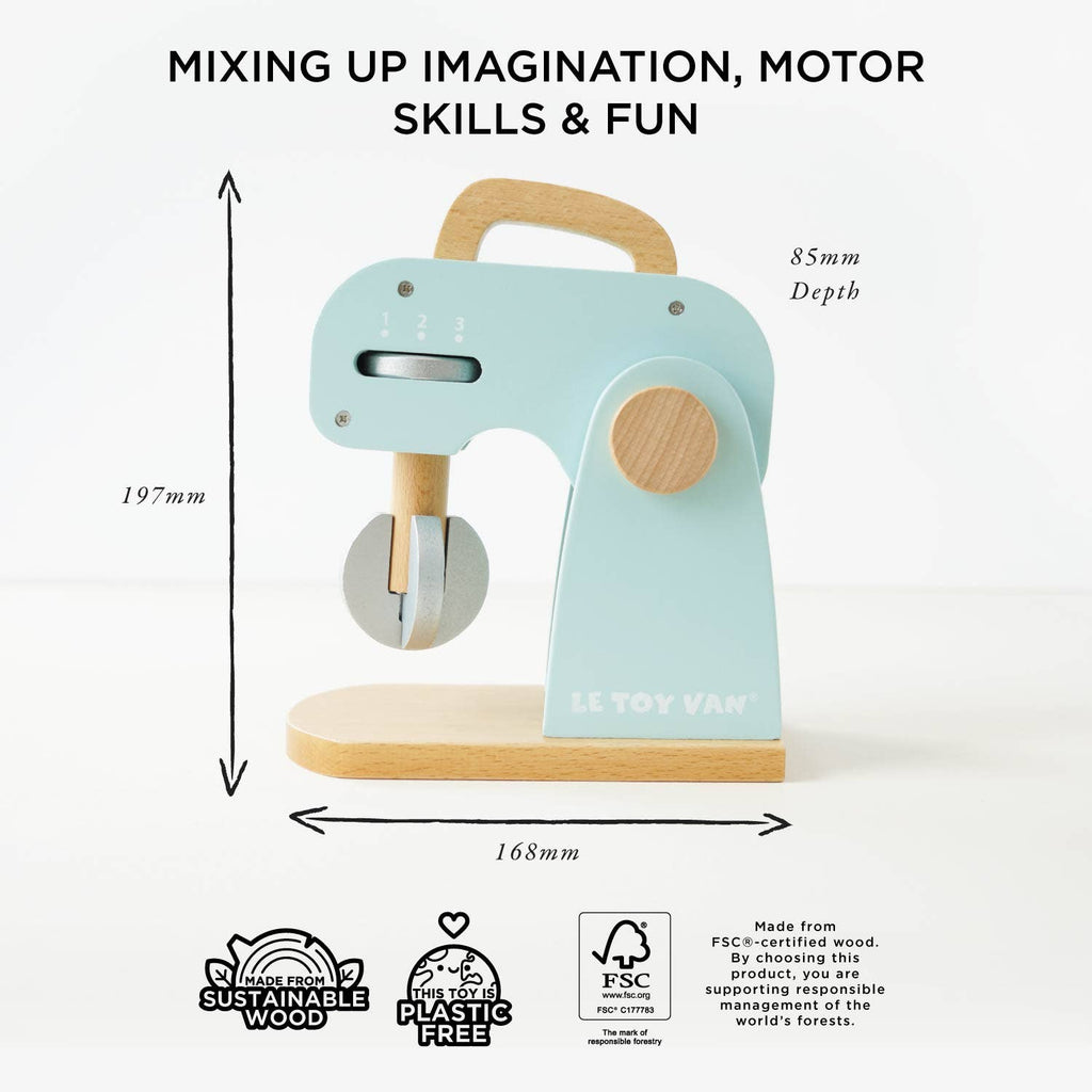 The Bakers Mixer Set & Accessories, crafted from FSC-certified wood, is pastel blue with wooden accents, plastic-free, and eco-friendly. Measuring 197mm x 168mm x 85mm, it's a delightful toy kitchen addition for imaginative play.