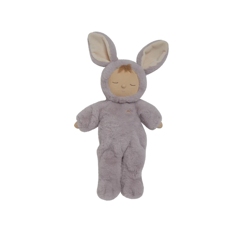 Olli Ella Cozy Dinkum - Bunny Twinkle is a posable plush doll dressed in a soft, light gray bunny costume with long ears and a hood, featuring closed eyes and a peaceful expression.