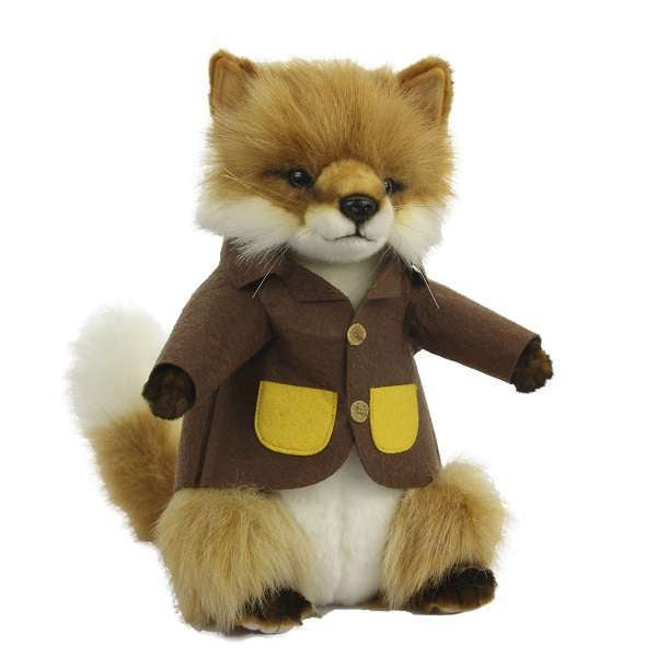 The Fox With Brown Jacket Stuffed Animal is a unique handcrafted plush toy, featuring fluffy fur and pointy ears. This plush fox sports a brown jacket with yellow pockets and sits upright with a white-tipped tail, capturing the charm of realistic stuffed animals.