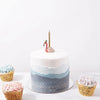 A white cake with blue ombre icing, adorned with a Flamingo "Party Animal" Cake Topper on top, complemented by three decorative cupcakes on a fine porcelain plate on a marble table.