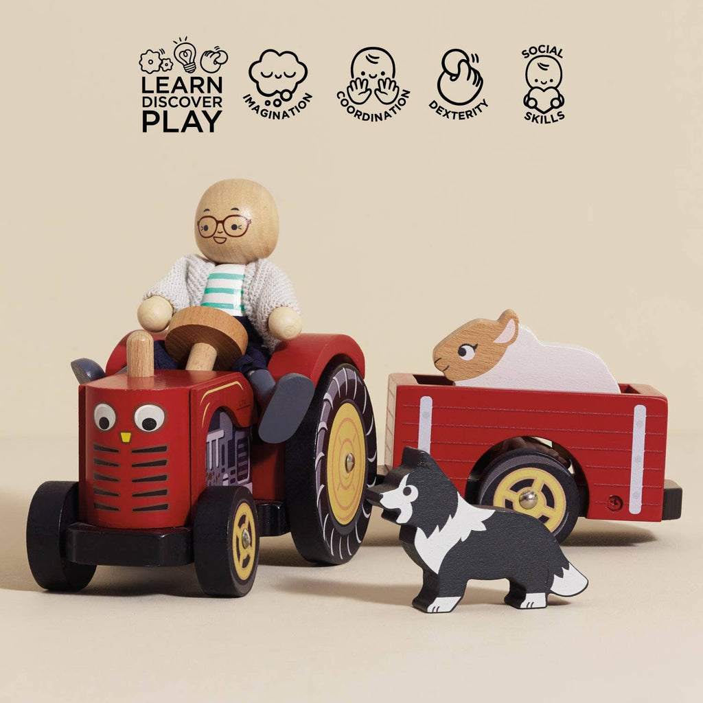 The Farmyard Tractor & Trailer is a wooden toy set with a figure driving a red tractor, a magnetic trailer carrying a sheep, and a black-and-white dog. Icons show it boosts learning, imagination, coordination, dexterity, and social skills.