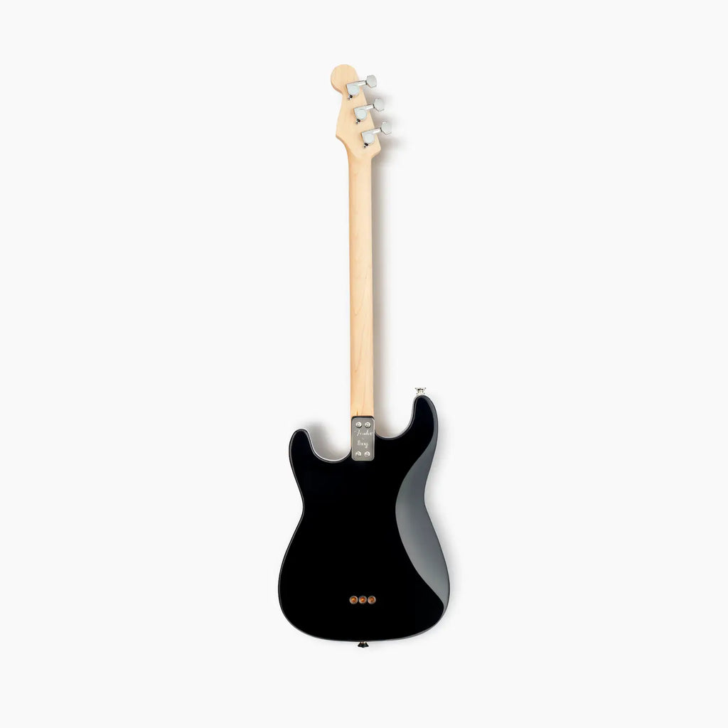 A black Fender X Loog Stratocaster Electric Guitar with a white pickguard and maple neck, displayed against a white background.