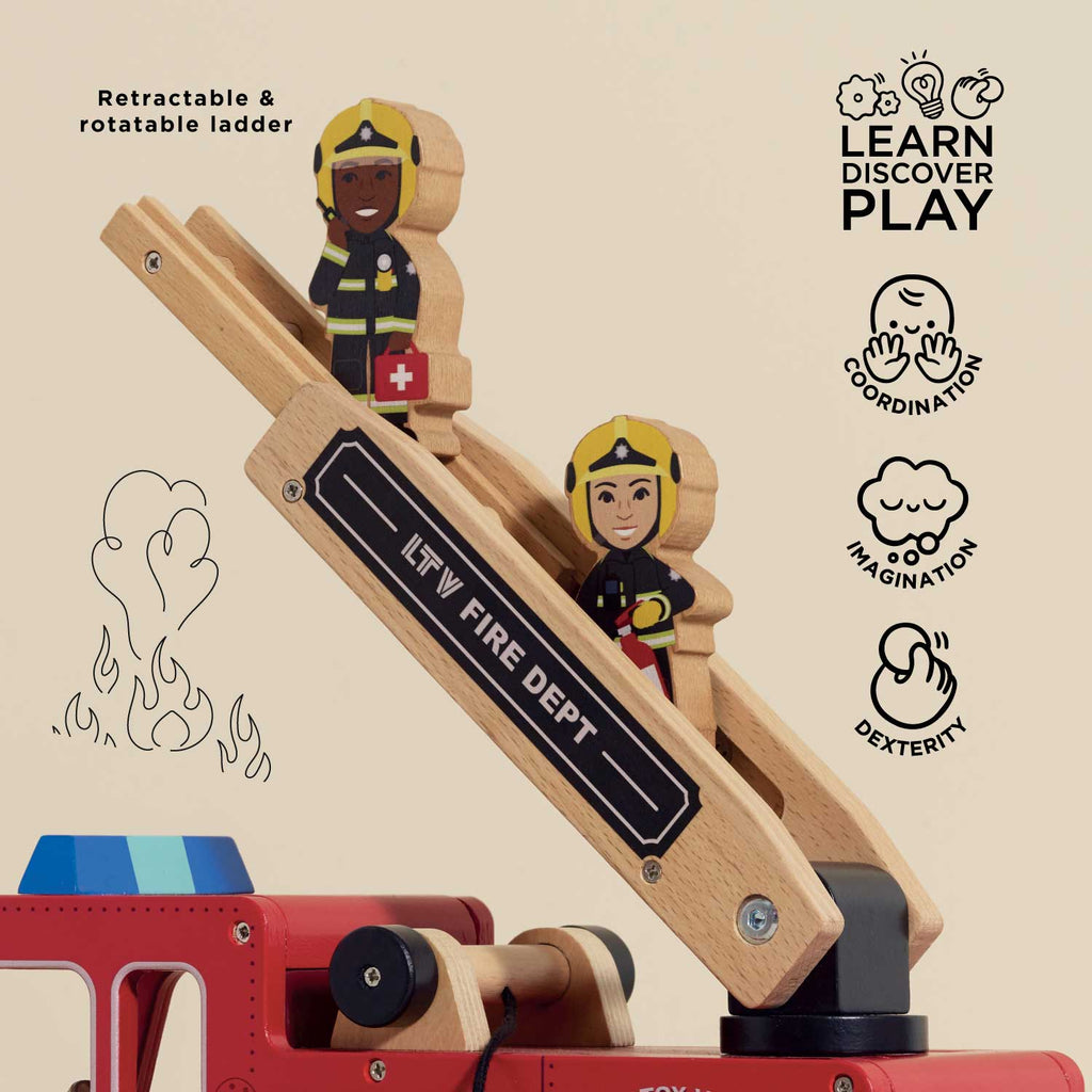 The Wooden Toy Fire Engine & Characters features two firefighter figures on a retractable, rotatable ladder. Illustrated icons highlight coordination, imagination, and dexterity. A sustainable wooden toy for endless “Learn Discover Play” fun.