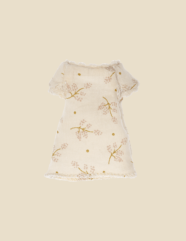 A Maileg Extra Clothing: Nightgown For Little Sister Mouse with lace sleeves and embroidered floral patterns in pink and brown, displayed against a light beige background.