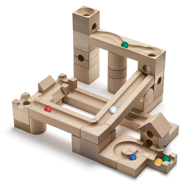 The Cuboro Junior Marble Run Starter Set comes with intricate paths and blocks, featuring marbles in green, blue, red, and other colors positioned on tracks, against a white background.