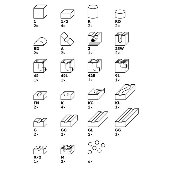 An illustration showing multiple step-by-step assembly diagrams for various small, geometric components, including cubes, cylinders, and other 3D shapes necessary for constructing a Cuboro Junior Marble Run Starter Set, with annotations indicating the quantity.