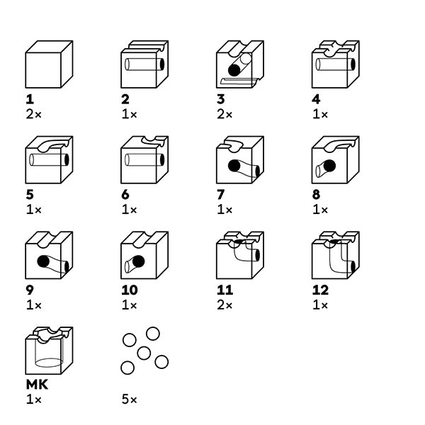 Illustration showing instructions with twelve steps to assemble a Cuboro 16 Marble Run Starter Set, including folding and adding components, displayed in sequence with accompanying part counts, and finished with small circular objects at the bottom.