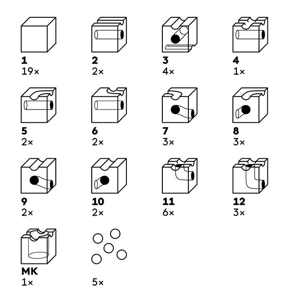 Illustration showing step-by-step assembly instructions for a Cuboro 50 Marble Run Starter Set using numbered diagrams of parts and icons indicating quantities of components.