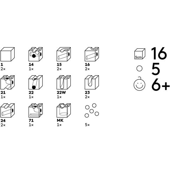 Illustration of assembly instructions for a Cuboro Speed Marble Run Extra Set - Speed with numbered steps and component counts, including a scale reference and age suitability indicator (6+).