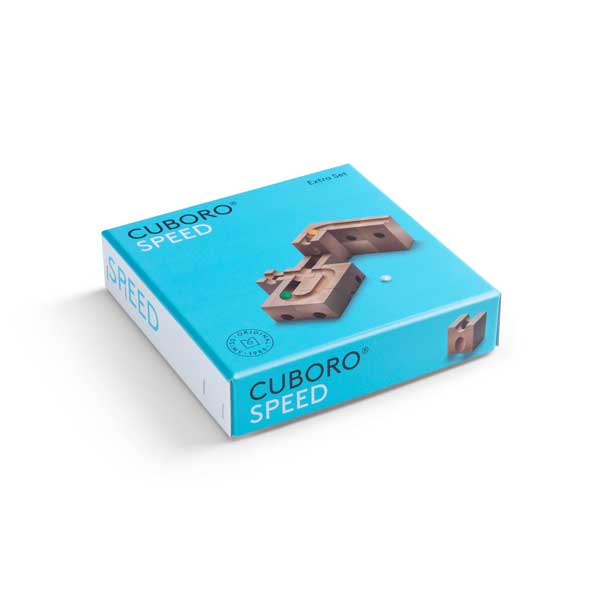 A blue box labeled "Cuboro Speed Marble Run Extra Set - Speed" featuring an image of a marble run with wooden blocks on the cover, isolated on a white background.