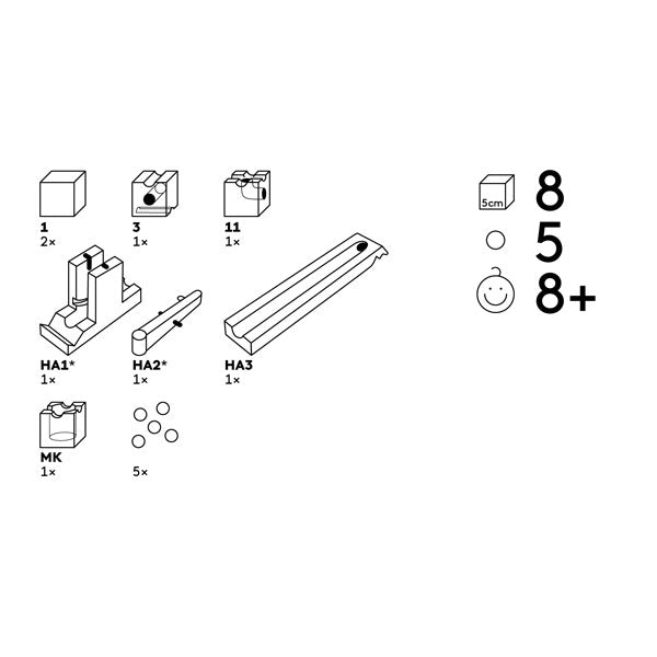 Illustration of a Cuboro Kick Marble Run Extra Set, featuring various small components labeled with quantities and a scale reference. Icons indicate suitable for ages 8 and older and a smiley face for enjoyment.
