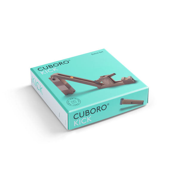A Cuboro Kick Marble Run Extra Set featuring a catapult design on a light blue background. The box displays the product name and branded elements clearly.
