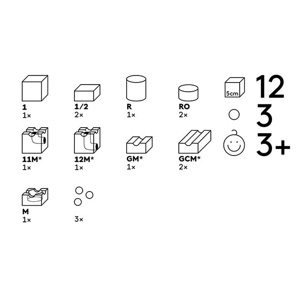 Illustration of various package and product components of a Cuboro Magnet Marble Run Extra Set including cubic shapes, cylinders, and spheres, labeled with alphanumeric codes and quantities, along with a "12 3+" label indicating age.
