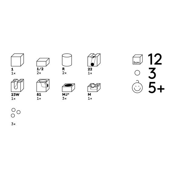 Illustration of various packaging symbols including quantity, dimensions, weight, and age recommendation (5+), displayed in a simple black and white design for Cuboro Jump Marble Run Extra Sets.