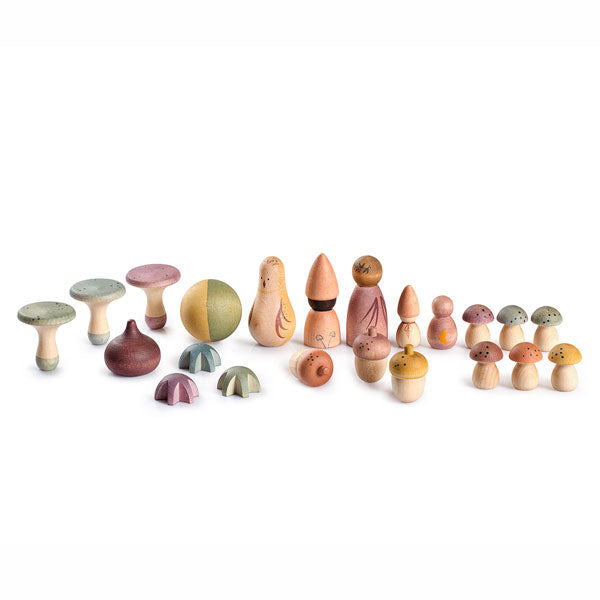 A collection of Grapat Moonlight Tale wooden mushrooms in different shapes, sizes, and pastel colors neatly arranged in rows on a white background.