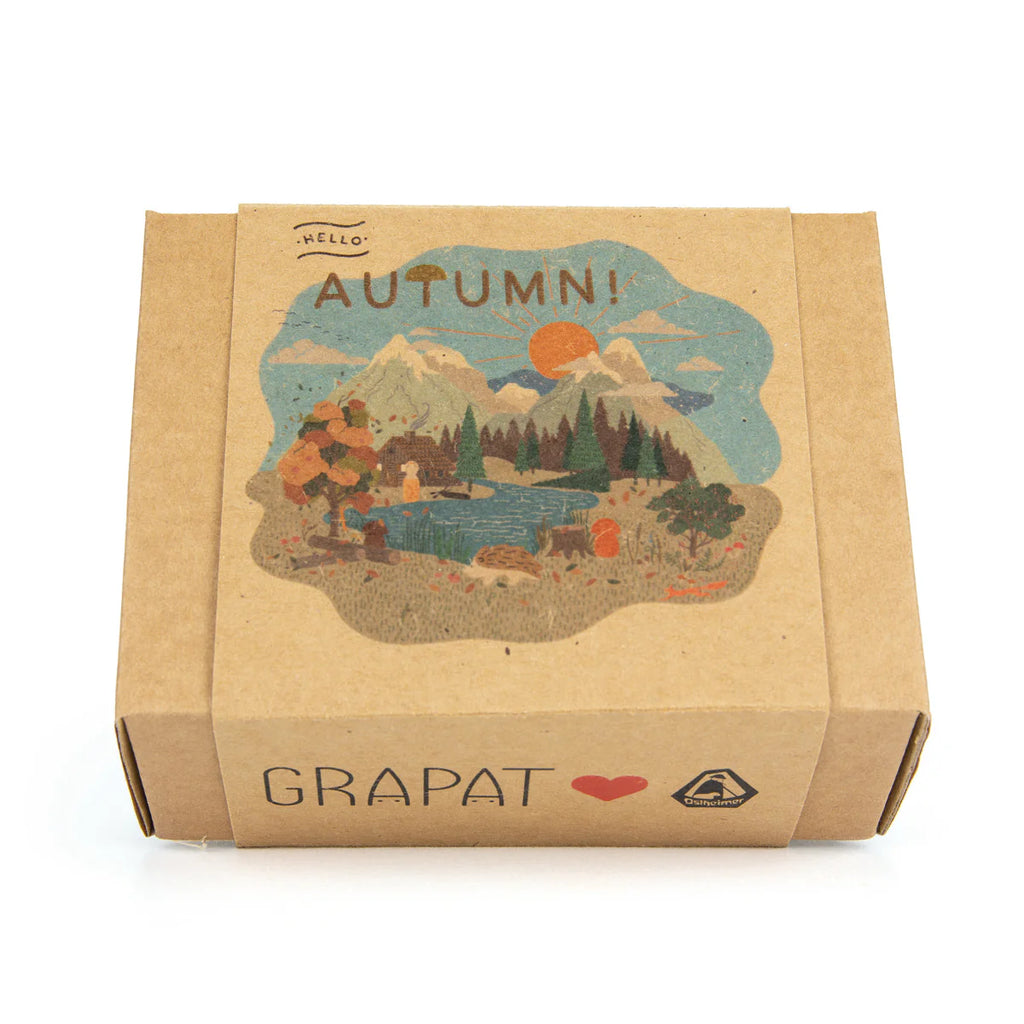 A cardboard box labeled "Grapat X Ostheimer Limited Edition" features a colorful autumn scene and "HELLO AUTUMN!" on top—this special Hello Autumn Set celebrates the magic of autumn-themed toys.