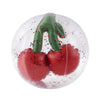 A transparent Inflatable Cherry Beach Ball, 40 cm in diameter, containing a vibrant red and green abstract art piece, highlighted with scattered multicolored dots, giving an impression of being suspended or floating within the.