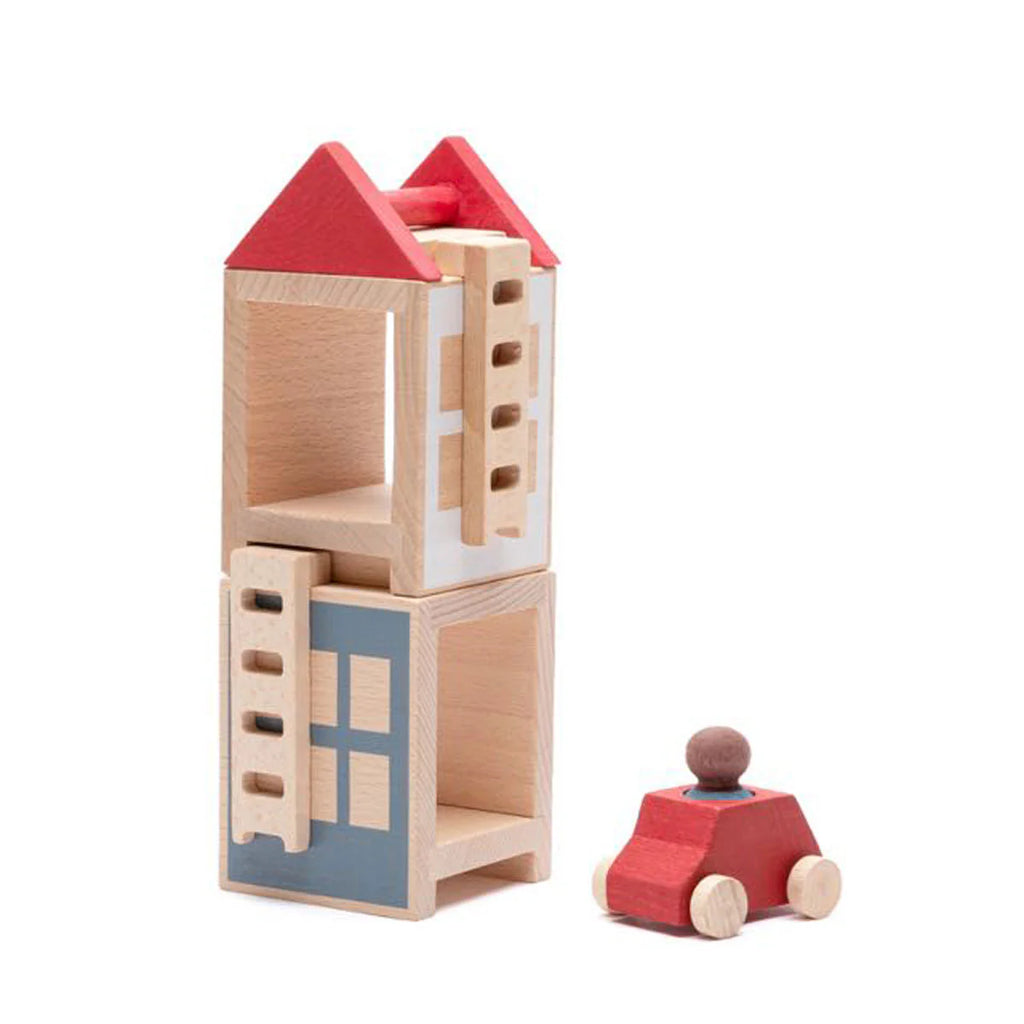 The Lubulona Lubu Town Summerville Set features two wooden blocks forming a house with red roof, blue door, and an eco-friendly toy car with a round driver—an ideal construction toy set for imaginative play.