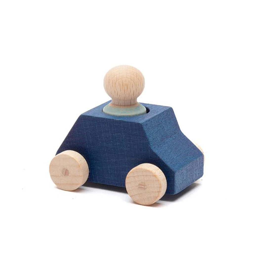 The Lubulona Wooden Car with Figure - Blue is a small, eco-friendly toy car featuring a blue body, four natural wood wheels, and a round peg figure—perfect for imaginative play.