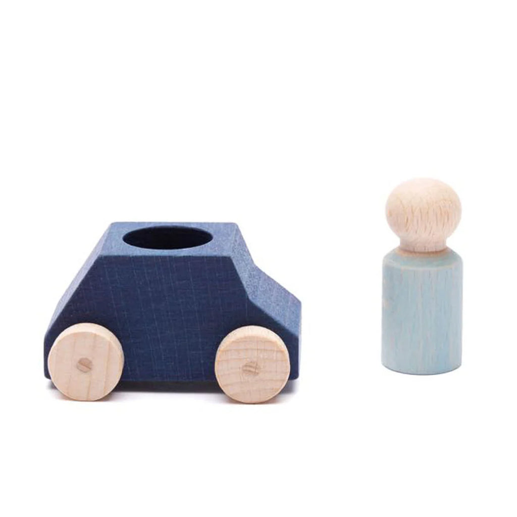 The Lubulona Wooden Car with Figure - Blue features a blue wooden car with natural wheels and a light blue peg figure. Eco-friendly and designed for imaginative play, the doll fits into a circular seat in the car.