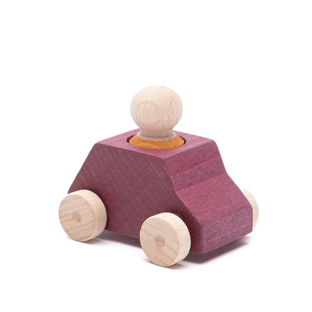 The Lubulona Wooden Car with Figure - Plum is a small, eco-friendly toy car featuring a natural wood finish, purple body, four wheels, and a wooden peg figure—perfect for imaginative kids’ play.