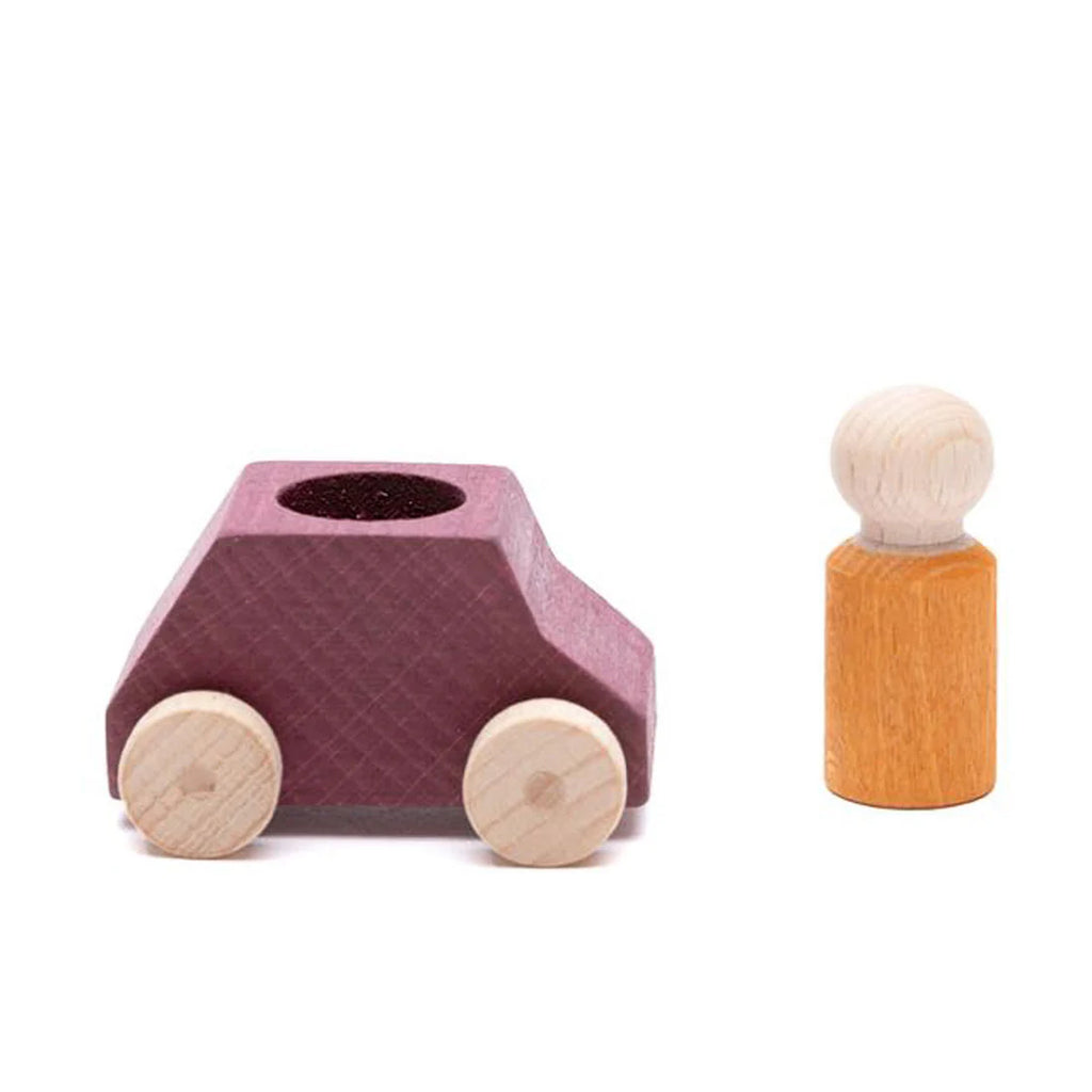 The Lubulona Wooden Car with Figure - Plum features a small wooden toy car with a purple body and natural wood wheels, paired with an orange-painted eco-friendly figure, set against a plain white background.