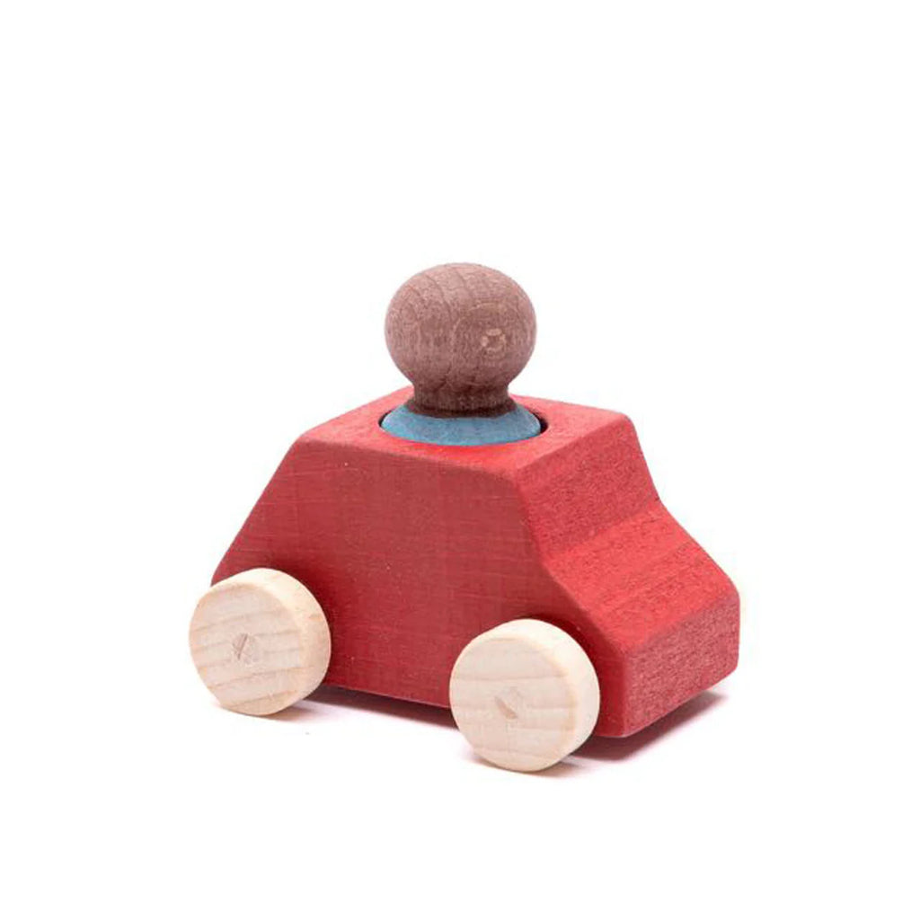 The Lubulona Wooden Car with Figure - Red is a small, eco-friendly wooden toy car featuring four light wheels and a natural wood driver—perfect for imaginative play.