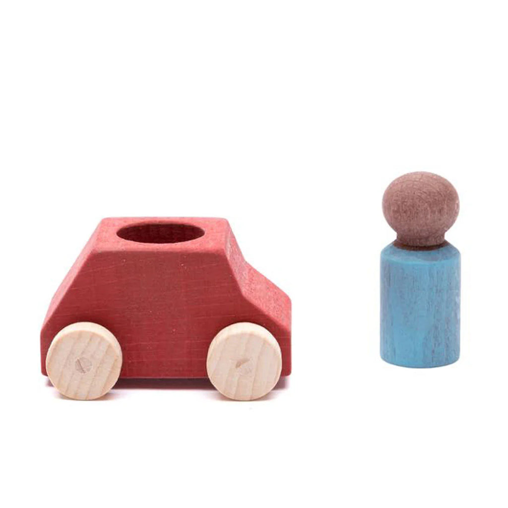 The Lubulona Wooden Car with Figure - Red features a small red wooden car with light wheels and a blue peg doll, both eco-friendly toys displayed against a white background.