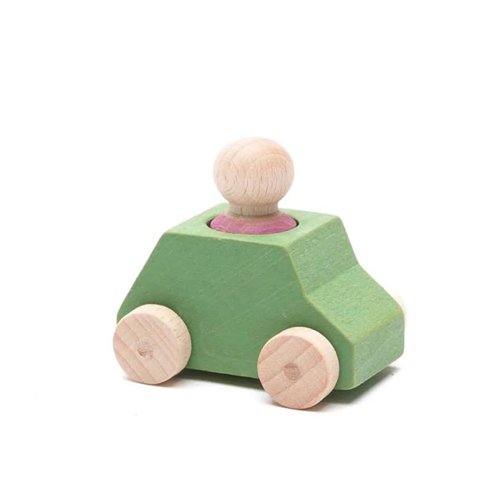The Lubulona Wooden Car with Figure - Mint is a small green eco-friendly toy car featuring natural wood wheels and a round wooden peg person seated on top, displayed against a plain white background.