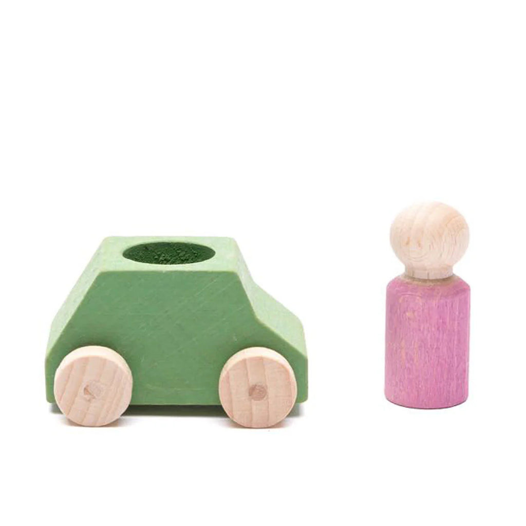 The Lubulona Wooden Car with Figure - Mint features a small green wooden car with natural wood wheels and a simple purple figure—an eco-friendly choice for kids’ toys.