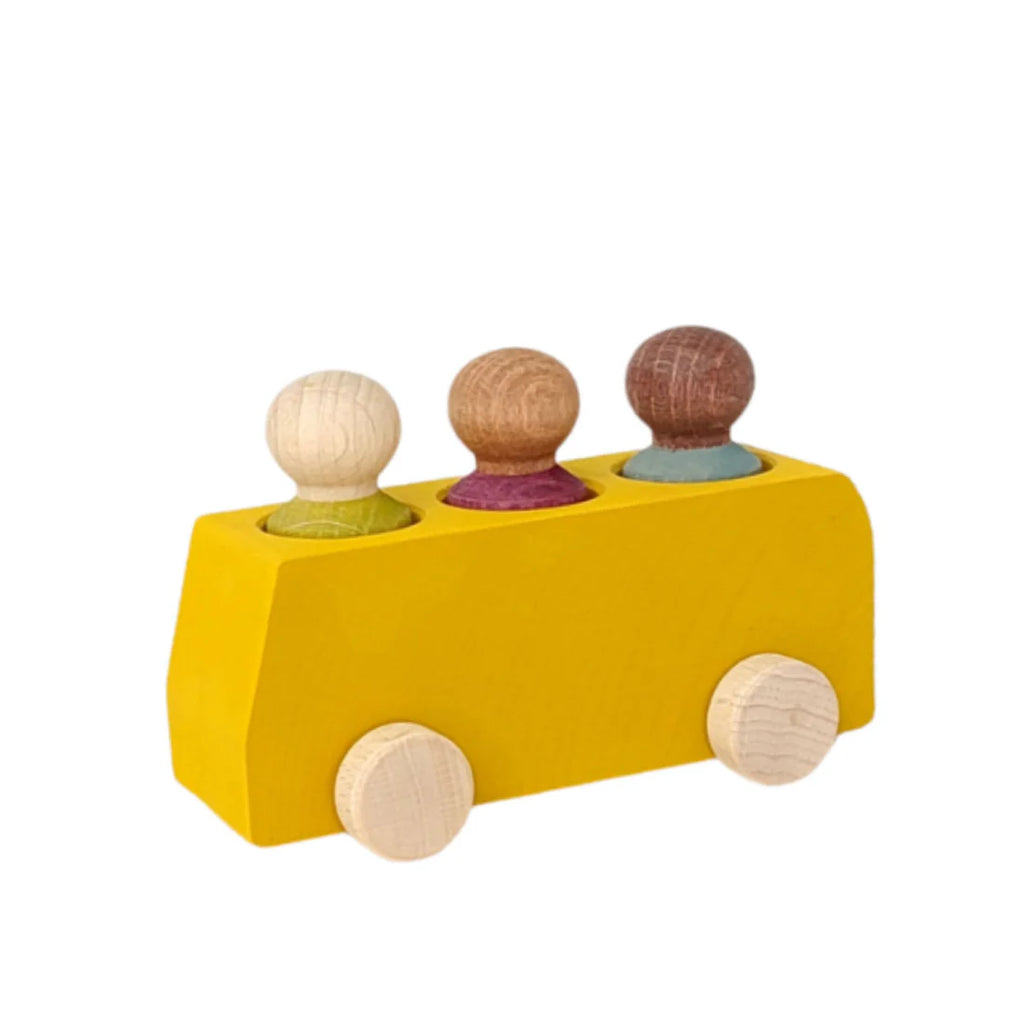 The Lubulona Wooden Bus with 3 Figures - Yellow is a minimalist yellow wooden bus featuring three colorful peg people and four light wheels, making it an eco-friendly and charming toy choice for kids.