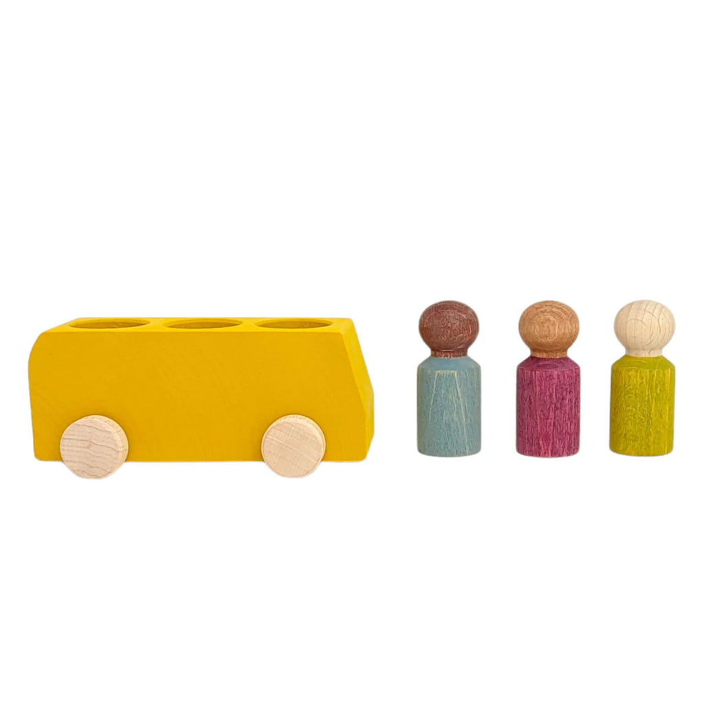 The Lubulona Wooden Bus with 3 Figures - Yellow features a minimalist design with round wheels and three colorful peg people—ideal for eco-friendly toy lovers.