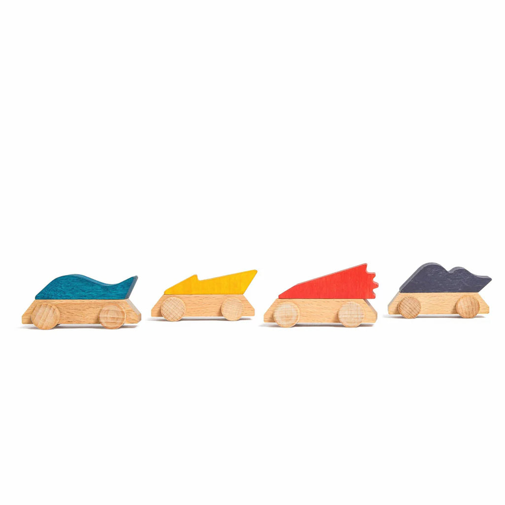 The Lubulona Wooden Pack of 4 Supercars features eco-friendly race cars with uniquely shaped and colored tops—blue, yellow, red, and dark gray—lined up side by side against a white background.