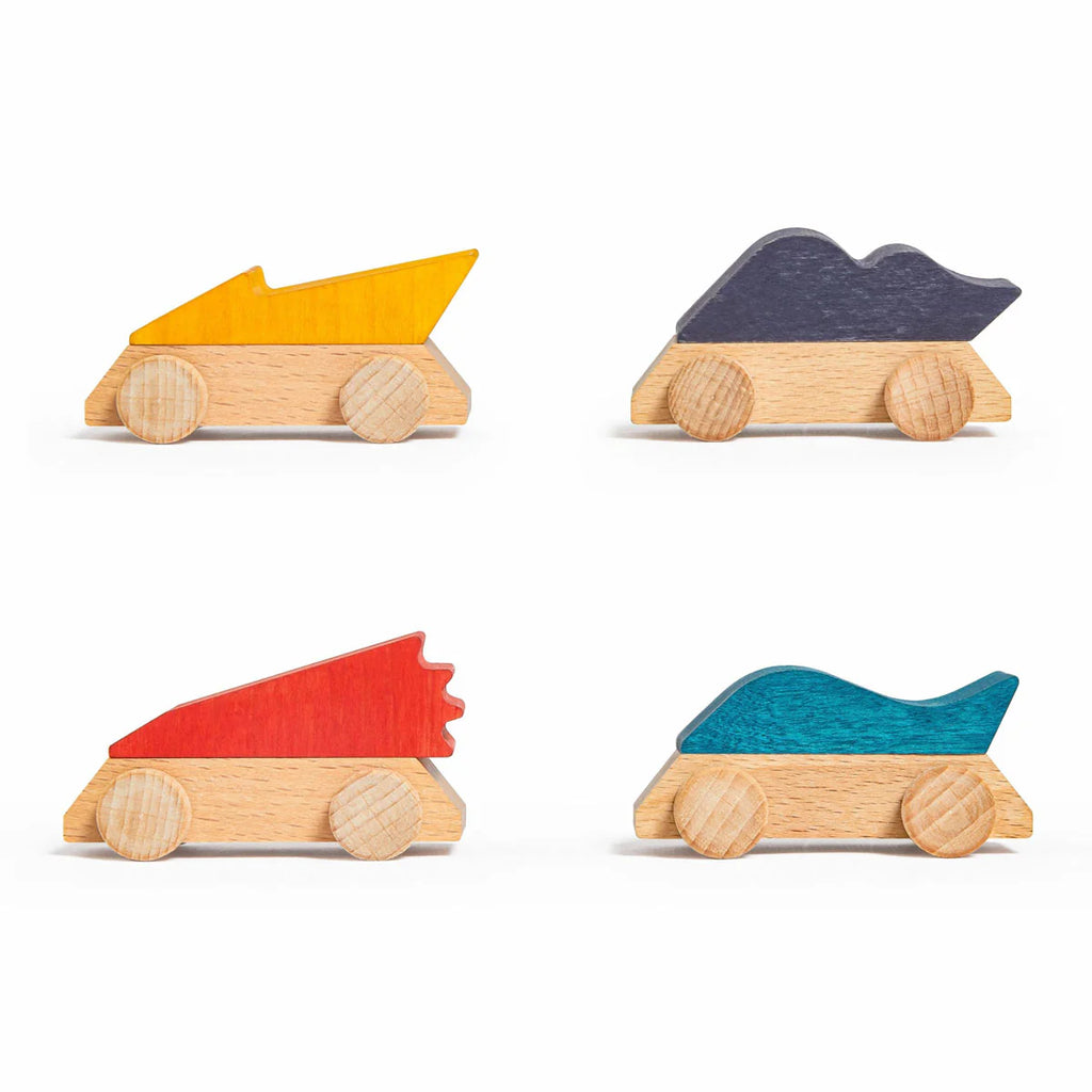 The Lubulona Wooden Pack of 4 Supercars features eco-friendly race cars with unique colorful tops—yellow, purple, red, and blue—each arranged in two rows and equipped with four round wooden wheels.