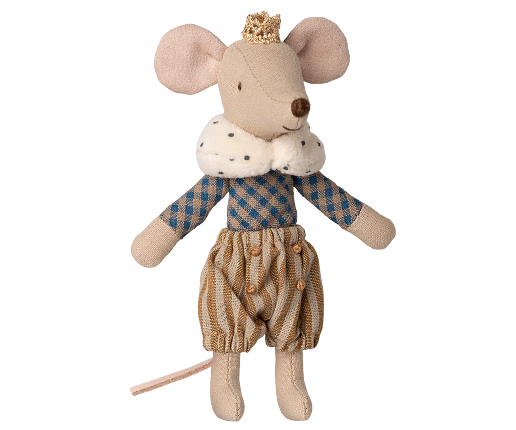 The PRE-ORDER Prince Mouse, Big Brother wears a gold crown, a blue and tan checkered shirt with a white ruffled collar, and striped puffy pants. Made of soft cotton. Ships late October. Set against a plain beige background.