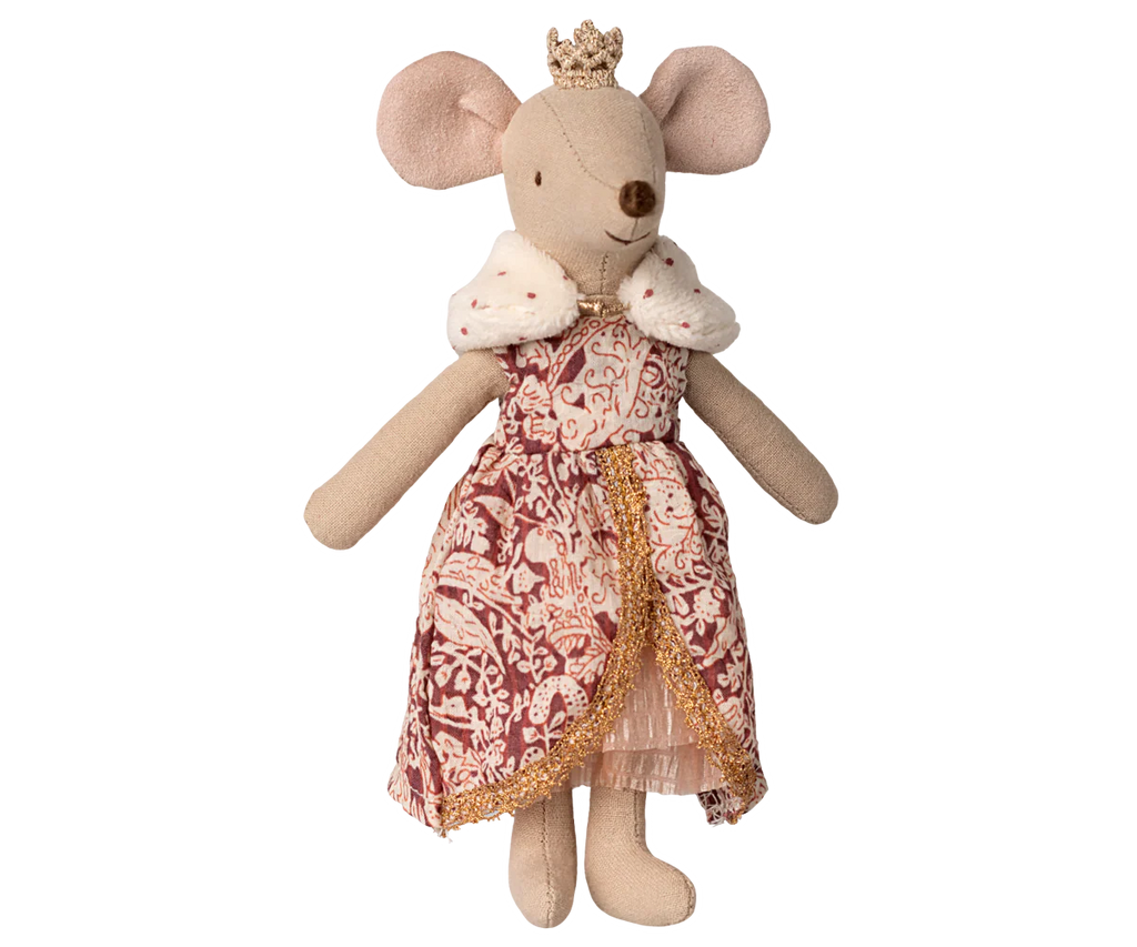 PRE-ORDER: Queen Mouse, Mum (Aprox. Ship Date: Late October) - A plush doll with a gold crown, white fur collar, and red and gold royal dress with gold trim stands upright against a plain beige background.