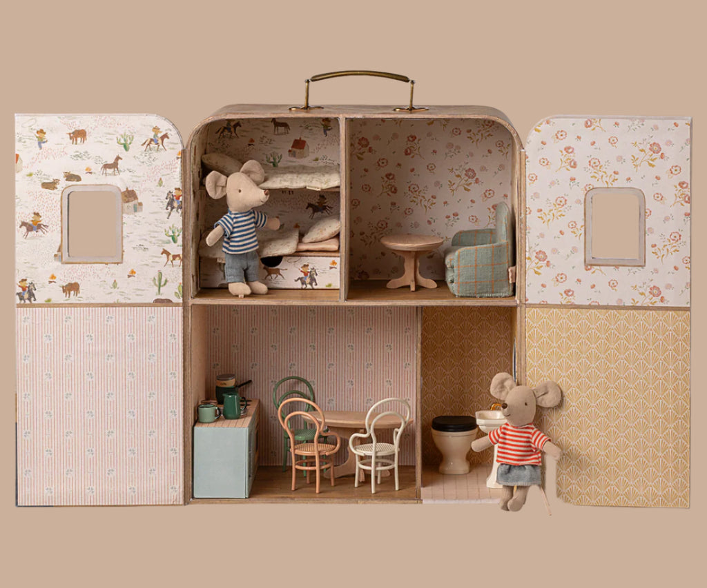 PRE-ORDER: Maileg SuitCasa (ships late October)—a miniature mouse dollhouse with four rooms, tiny furniture (chairs, tables, beds with soft bedding, toilet), and two striped-shirt mouse dolls—one inside and one outside the open door.