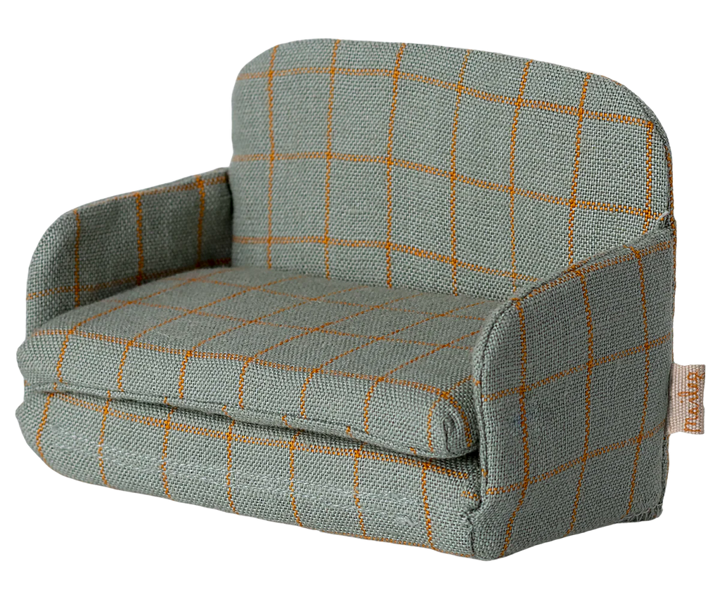 The PRE-ORDER: Sofa Bed, Mouse - Checker features light gray upholstery with an orange checkered pattern, resembling a miniature couch—ideal for SuitCasa living room setups. Estimated ship date: late September.