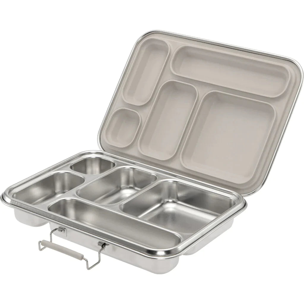 The Haps Nordic - Stainless Steel Lunch Box - Multi-Compartment (ships in approximately two weeks), a stainless steel lunchbox ideal for meal prep, is shown. With its lid open, it reveals six compartments of various sizes perfect for separating different foods. A convenient carrying handle is attached to the front of the lunchbox.