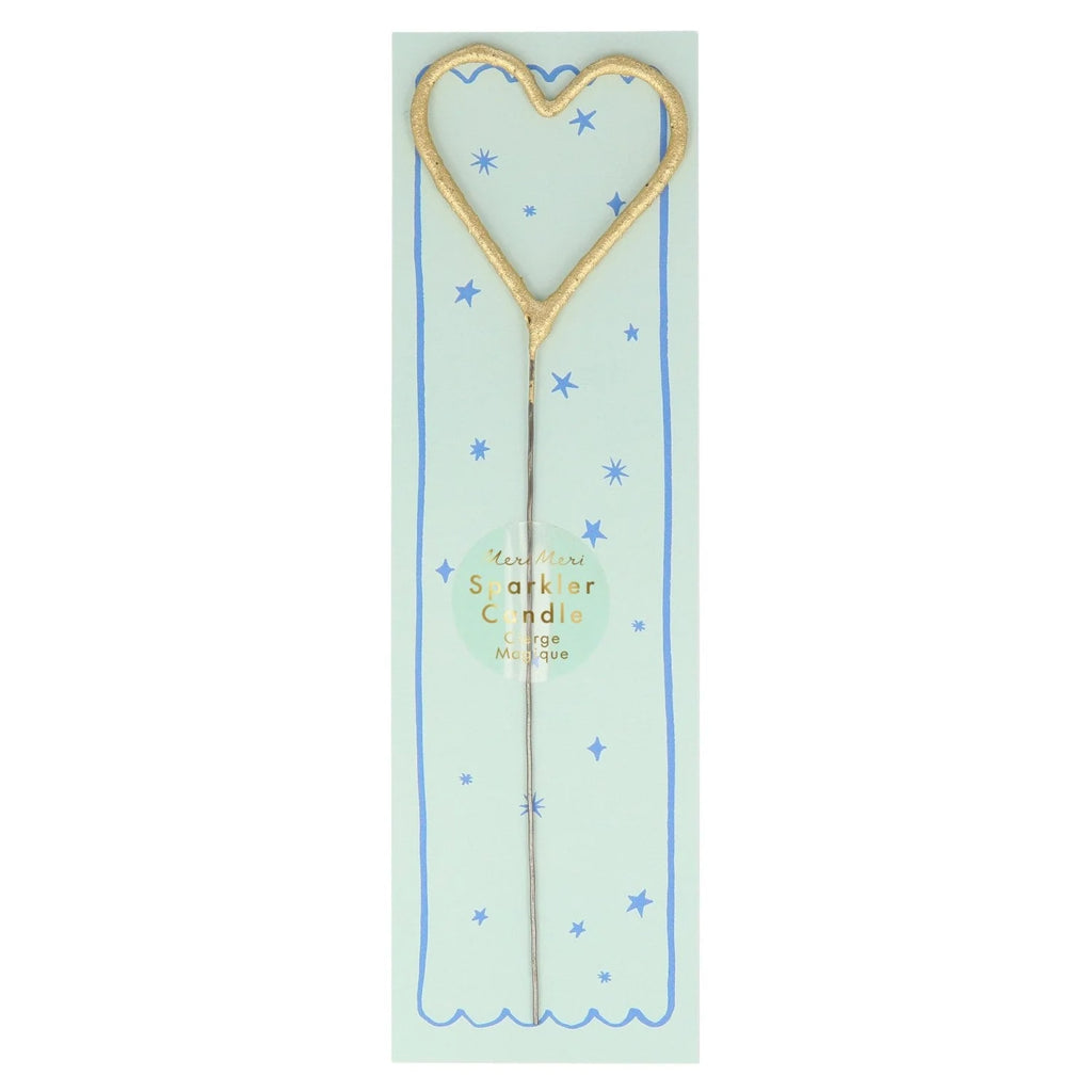 A slender, Meri Meri Gold Sparkler Heart Candle with a heart-shaped top adorned with small blue stars and gold glitter. The stem of the bookmark features the inscription "I love you more than you can imagine.