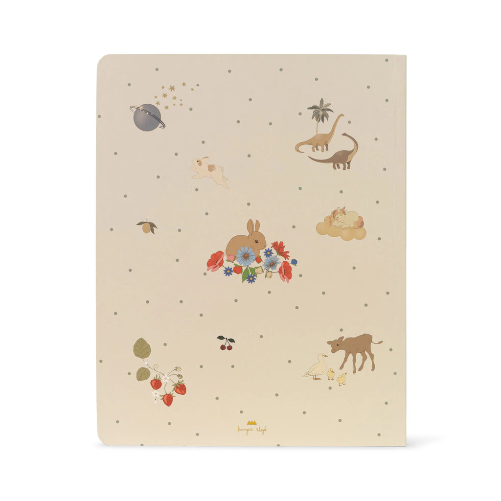 Illustration of an autumn-themed My Coloring Book cover with whimsical designs including a rabbit, flowers, fruits, a camel, and constellation-like dots on a beige background.