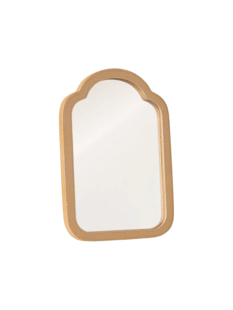 A simple rectangular mirror with rounded corners and a thin beige frame, designed for the Maileg Farmhouse - Fully Furnished aesthetic, isolated on a white background.