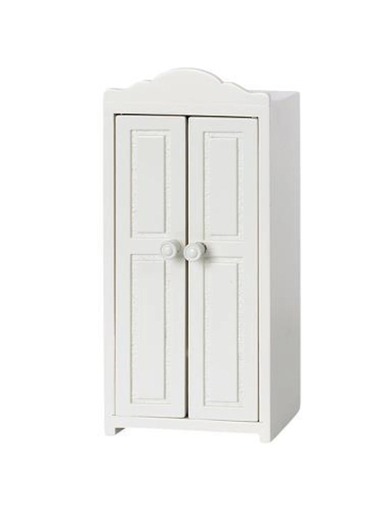 A white, wooden Maileg Farmhouse - Fully Furnished cabinet with two doors featuring a classic design with panel detailing and round knobs, isolated on a white background.