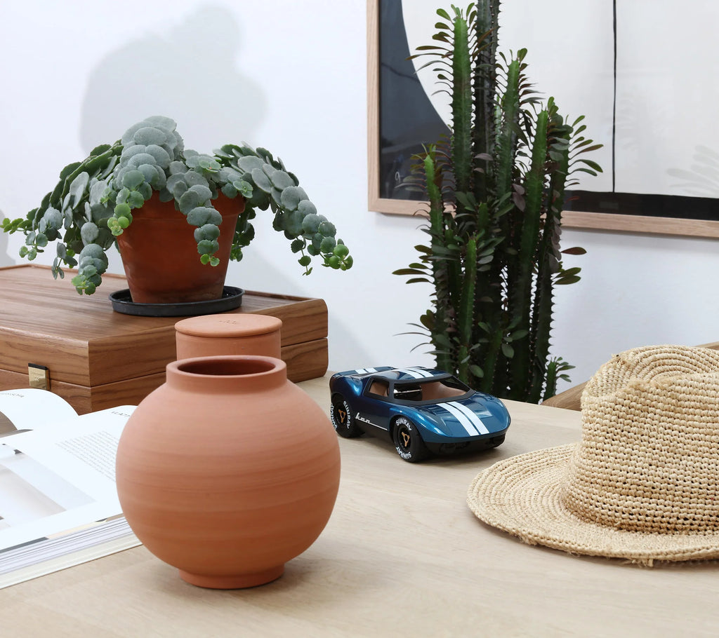 A wooden desk displays a round terracotta vase, straw hat, Playforever MINI KEN CASH Blue racing car, potted plants, stack of books, and a framed picture against a white wall.