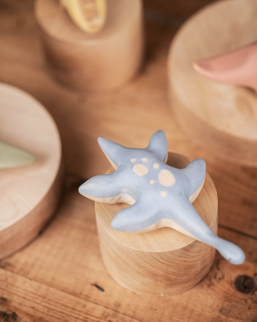 A blue ceramic starfish with beige spots rests atop a Handmade Wooden Plesiosaurus Dinosaur, surrounded by more wooden items and ceramics in soft, warm lighting.