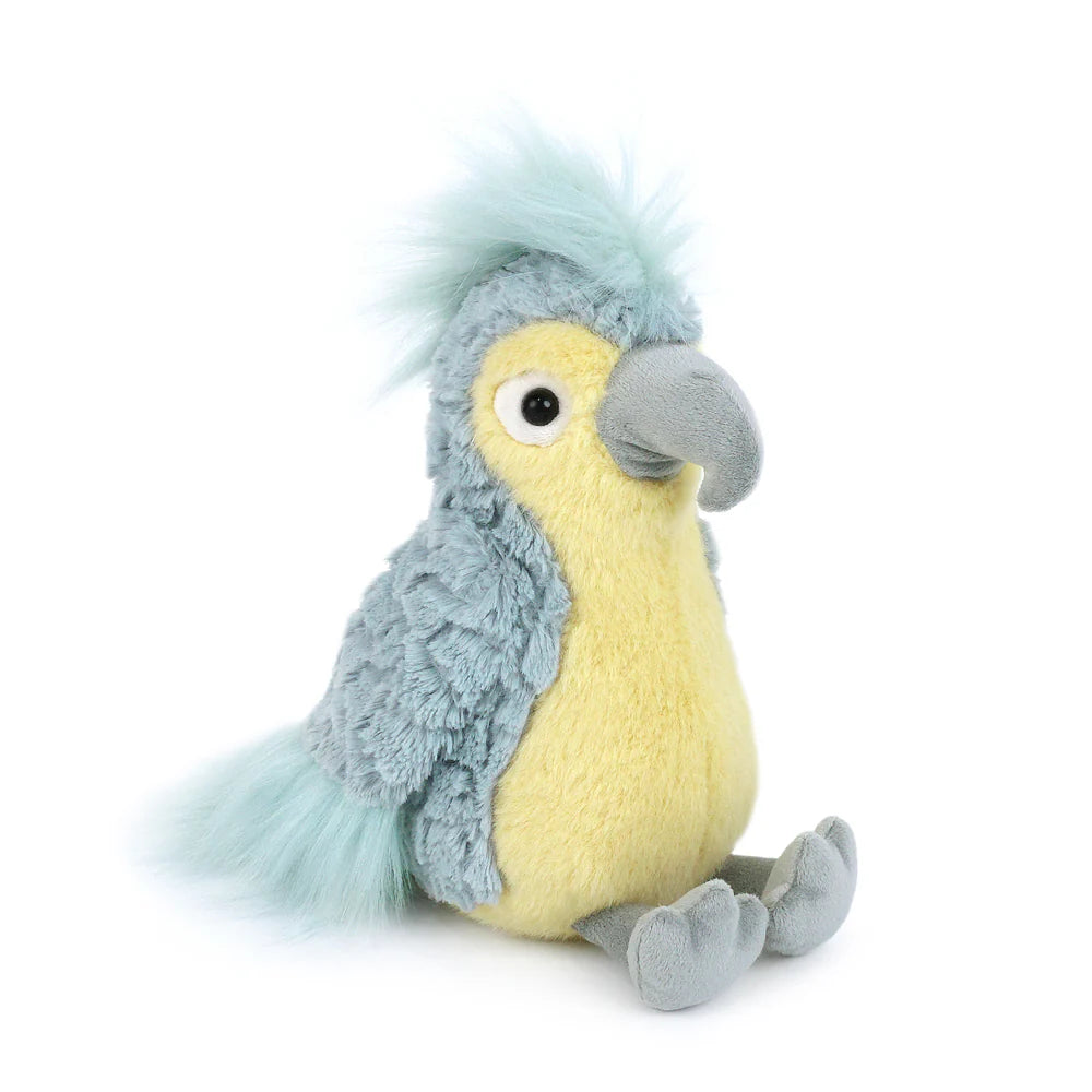 The Blu Cockatoo Bird Plush Toy features soft blue wings, tail, and crest, a yellow belly, grey beak and feet, and round black eyes. This cuddly plush sits upright against a white background—perfect for snuggling.